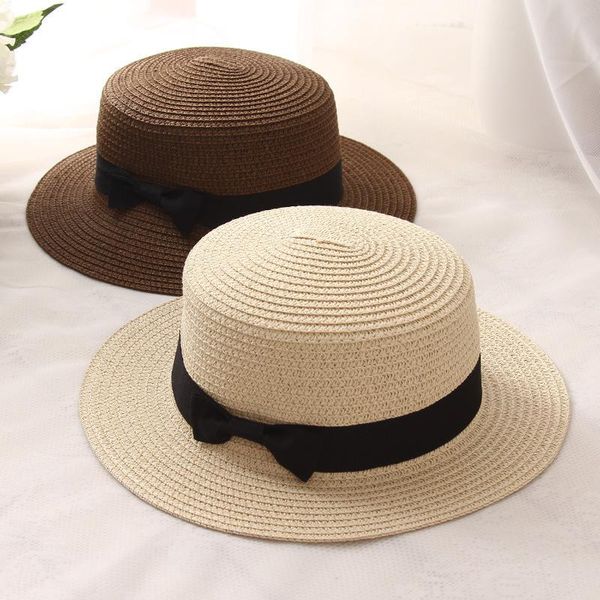 

stingy brim hats 2021 summer parent-child beach hat female casual panama lady brand women flat bowknot straw cap glris sun, Blue;gray