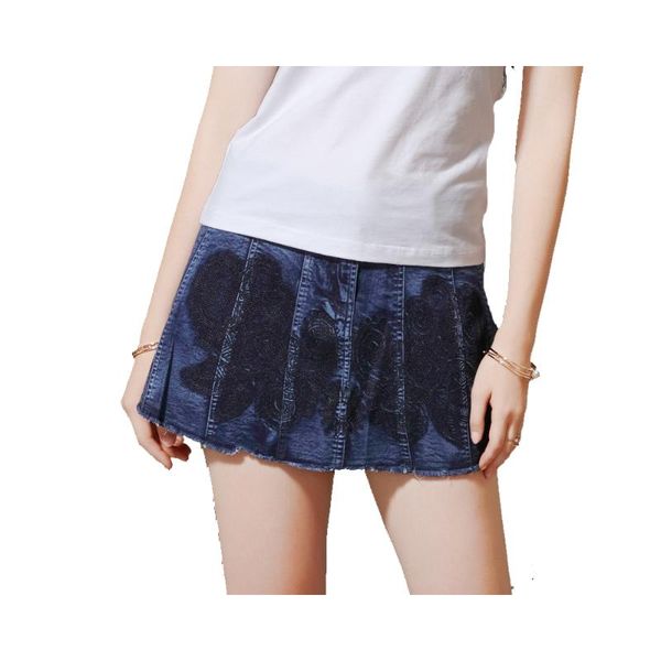 

skirts women vintage style embroidey flower tassel mini denim skirt all matching button zipper summer bottom fs1069, Black