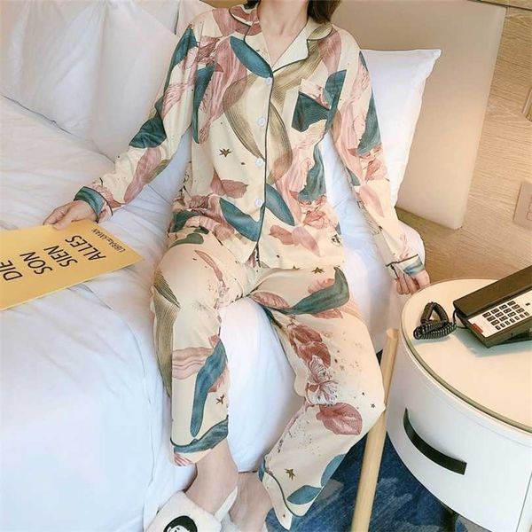 

spring autumn women's pajamas 100% viscose long sleeves trousersset woman 2 pieces sleepwear women's floral printed 211126, Black;red