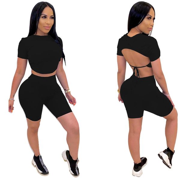 

casual backless women two piece set crop tip pants skinny tracksuit clothes for women outfits sport suit solid 6 color, Gray