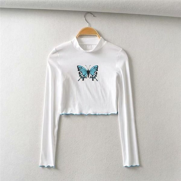 

women's t-shirt women fashion butterfly print white summer short tshirts 2021 girl long sleeve turtleneck exposed navel tshirt
