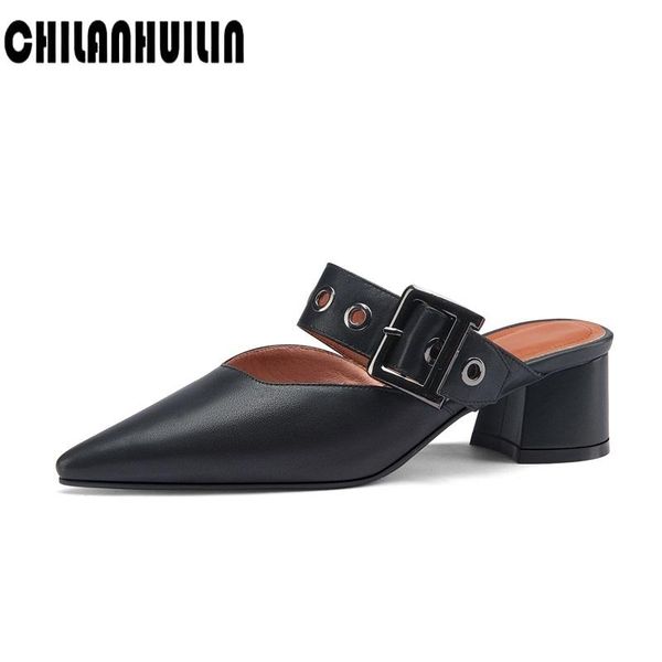 

sandals thick high heel women leather vintage pointed toe narrow band heels summer party shoes slippers, Black