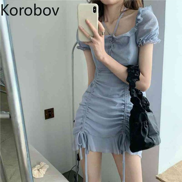

summer square collar flare sleeve womens dress vintage drawstring korean a-line mini vestidos femme, Black;gray