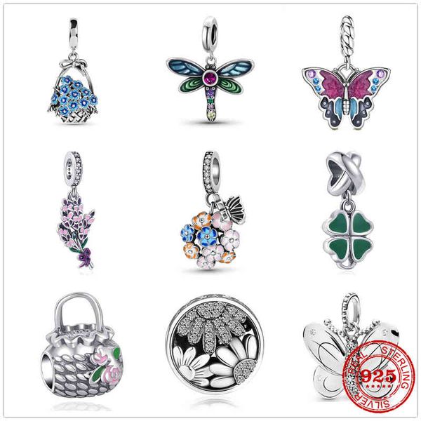 

925 sterling silver shiny dragonfly blooming flower charm black bead fit original pandora bracelet diy jewelry for women
