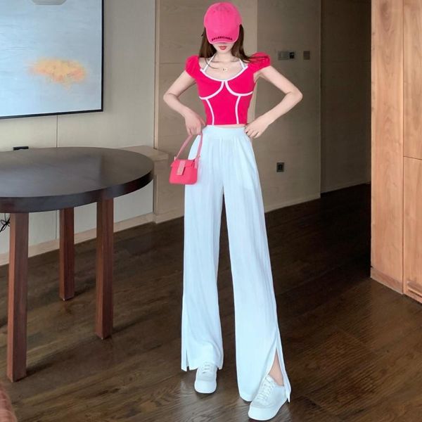

women's two piece pants foreign style suspender bubble sleeve+thin high waist thin split wide leg two-piece set suit year-old female co, White