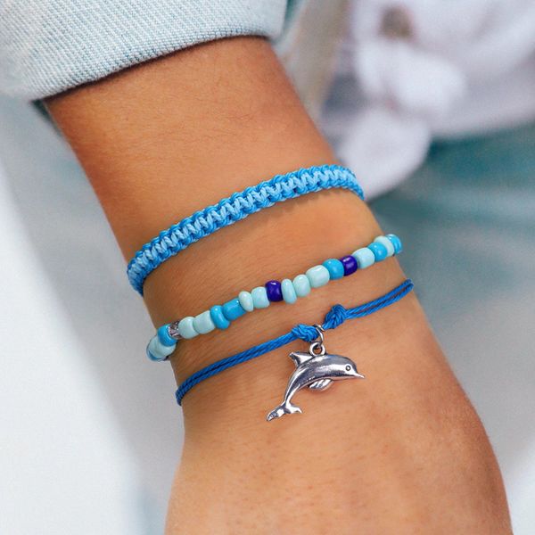 

bohemian summer starfish turtle dolphin pendant rice bead set bracelet, Black