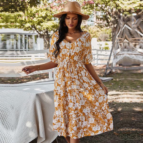 

2021 spring new print casual short sleeve high waist lace up floral for women v neck summer fy8r, Black;gray