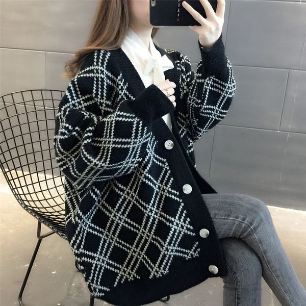 

new womens long sleeve button v-neck sweater coat spring and autumn loose thin plaid knitted cardigan coat, White;black