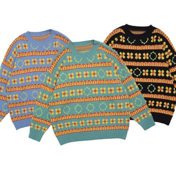 

men's sweaters hip-hop sweater pullovers knitted harajuku streetwear cotton o-neck flowers print color block autumn winter fashion, White;black
