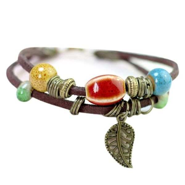

charm bracelets bohemian women double layer leaf ceramics beads faux leather rope bracelet, Golden;silver