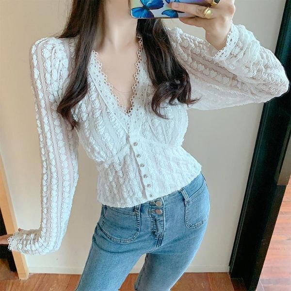 

women's blouses & shirts big size v-neck black white lace woman feminina vintage blouse fashion clothes 2021 spring autumn female d0196