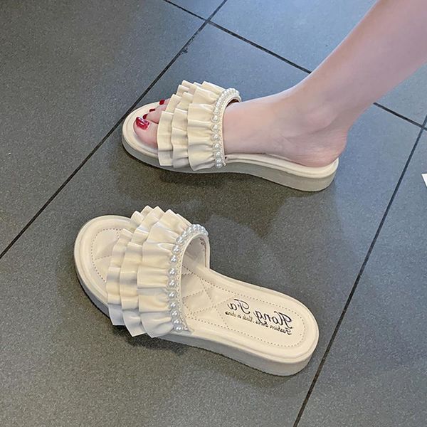 

slippers casual fashion ruffled pearl exquisite ladies summer trend flat comfortable non-slip beach shoes for outer wear., Black