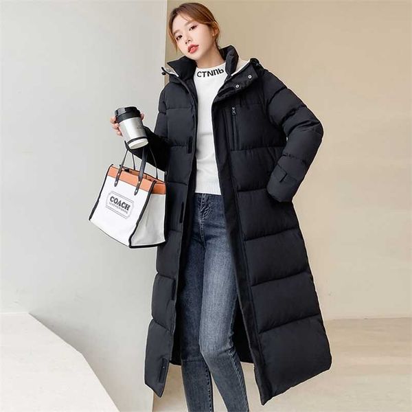 

x-long winter jacket women's thick casual hooded cotton padded parka for female solid warm long quilted coat outwear 211215, Black