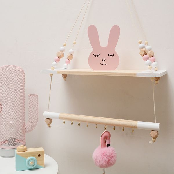 Nordic Stil Holz Wand Regal Lagerung Kinder Kinderzimmer Wand Dekorationen Mantel Rack Hut Haken Schlüssel Aufhänger Organizer Wohnkultur 210310