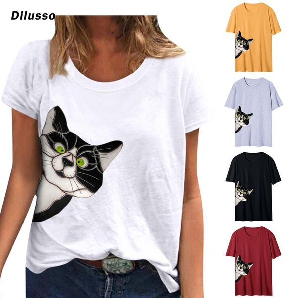 

2021 plus size women summer t-shirts cute cat print o-neck 2021 couple outfit t-shirts ladies loose pullover tee, White