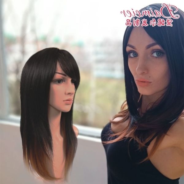 

straight qi bangs long hair gradient head chemical fiber set, Black