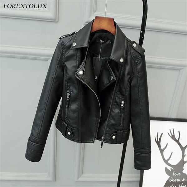 

forextolux autumn fashion slim women punk short faux pu jacket outwear motorcycle artificial leather zipper overcoat 211215, Black