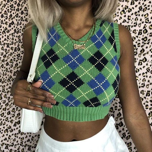 

women's vests v neck vintage argyle sweater vest women black sleeveless plaid knitted crop sweaters casual autumn preppy style, Black;white