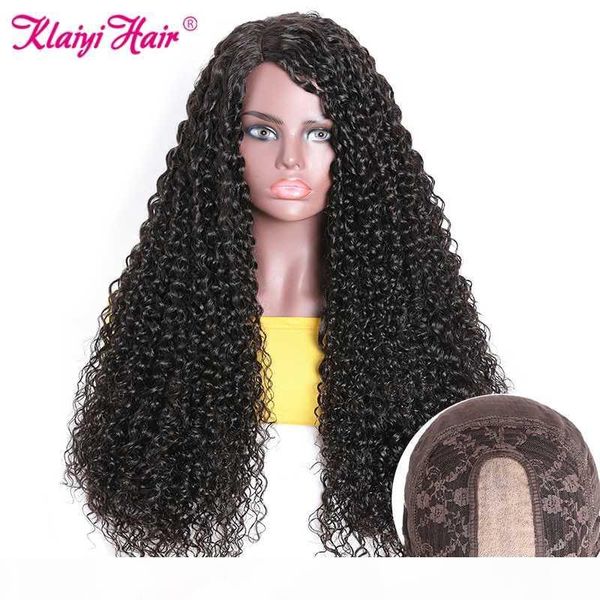 

klaiyi hair curly hair pu silk scalp wigs 4x2 inch brazilian remy with pre-plucked 150% denisty human wig 10''-24, Black;brown