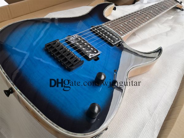 

7 strings electric guitar om guitar blue color maple neck through basswood body hh pickups shells binging