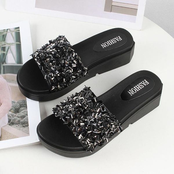 

slippers sequined women summer outdoor shiny low heel shoes flat bottom non-slip beach pantshoes #g2, Black