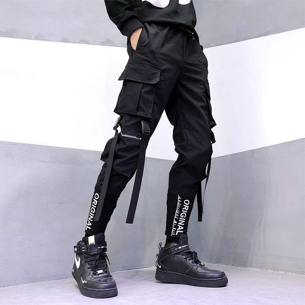 

men's pants 2021 cargo hip-hop multi-pocket jogger black streetwear ribbons fashion sweatpants harem casual