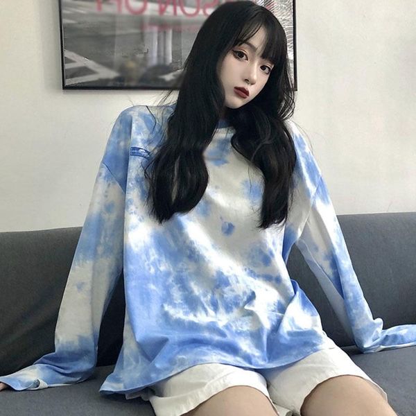 

oversize tees women tie dye autumn girls long sleeve o neck pullover t-shirt, White