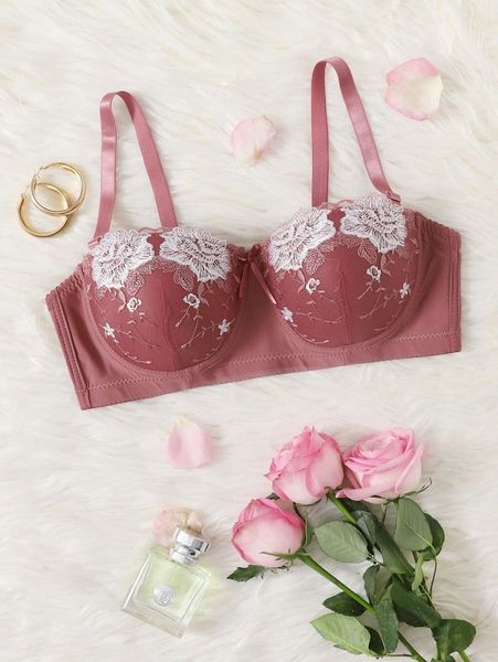 

plus floral embroidered underwire bra p6cb#, Black;white