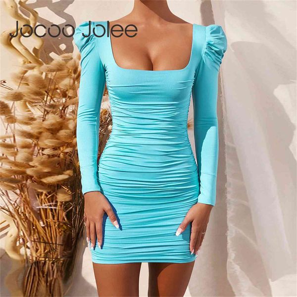 Jocoo Jolee Elegant Long Puff Ärmel Square Collor Ruch Bodycon Kleid Casual Solid Wrap Mini Dress Club Abend Party Short Dr 210619