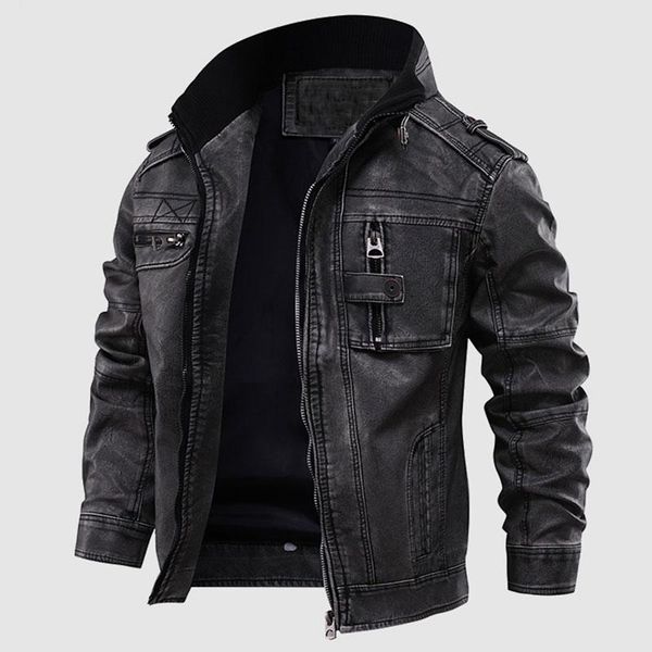 

men's fur & faux men leather jackets motorcycle stand collar zipper pockets male us size pu coats biker outerwear, Black