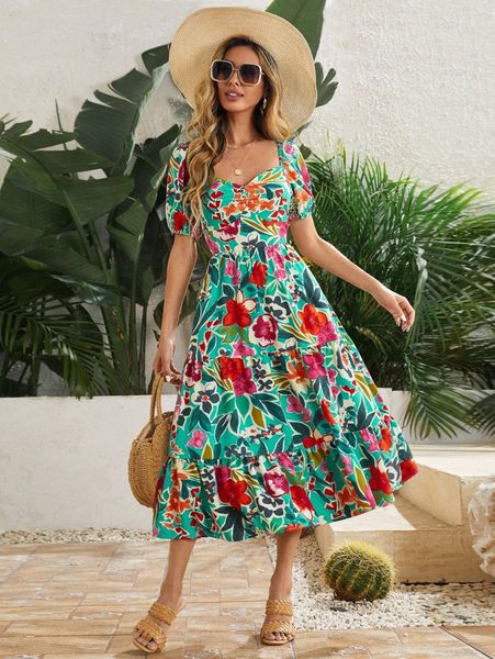 

sweetheart neck puff sleeve ruffle hem floral dress x1qt#, Black;gray