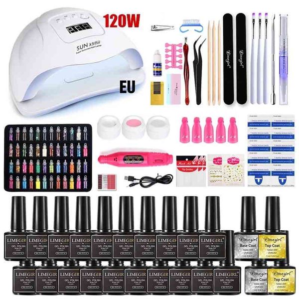 

120/54w uv led lamp dryer with 20/18 pcs gel polish kit soak off manicure set electric drill nail tools