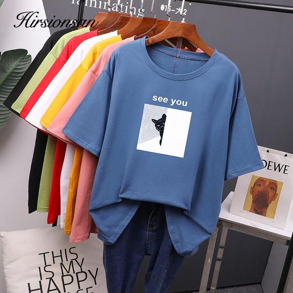 

women's t-shirt hirsionsan cartoon printed cotton summer t shirts women soft kawaii loose tees female plus size short sleeve for lady, White