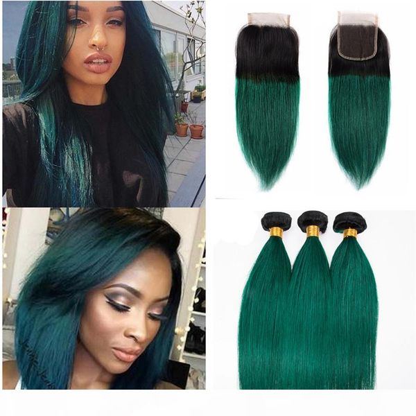 

dark root #1b green ombre virgin indian human hair 3 bundles deals with 4x4 lace closure 4pcs lot silky straight dark green hair, Black;brown