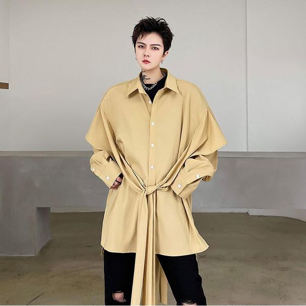 

men's casual shirts 2021 spring summer men fashion bandage yellow long sleeve shirt man harajuku vintage side slit dance camisas, White;black