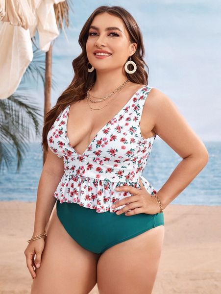 

plus floral ruffle hem high waisted bikini swimsuit t0jv#, Black