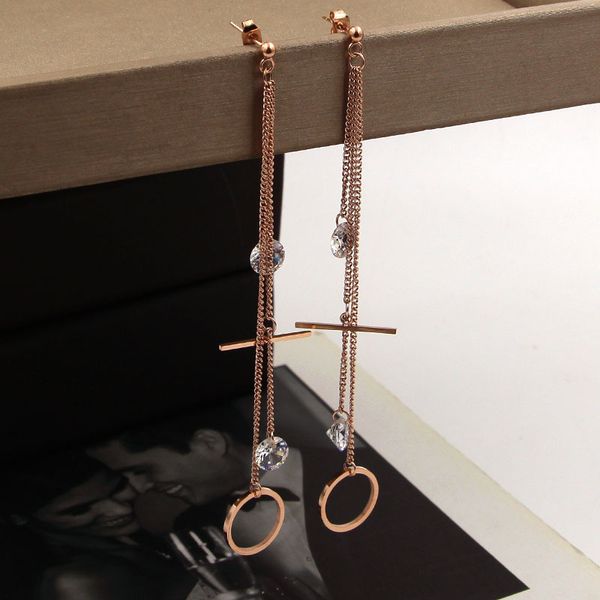 

fashion woman jewelry long beads hanging side chain crystal rose gold tassel titanium steel stud earrings for women wholesale, Silver
