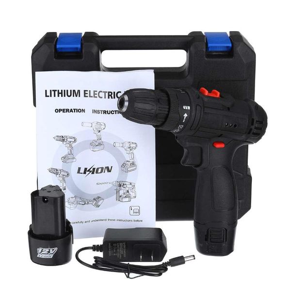 

professiona electric drills 12v cordless screwdriver rechargeable drill 2 lithium batteries 3 in 1 power driver set with case