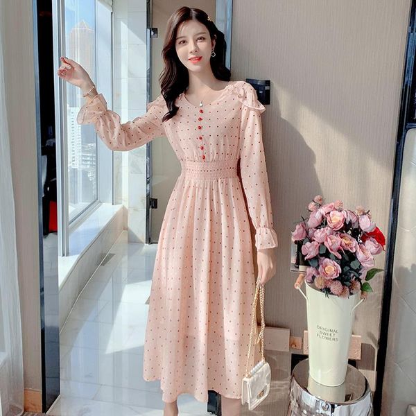 

casual dresses women dress autumn 2021 brief office lady korea style fashion full sleeve polka dot floral print chiffon v-neck, Black;gray