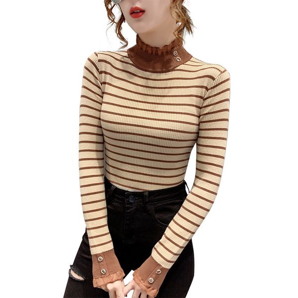 

2021 fall winter korean clothes knitted sweater chic patchwork striped lace ropa mujer bottoming shirt all match new t00610a 2jfw, White;black