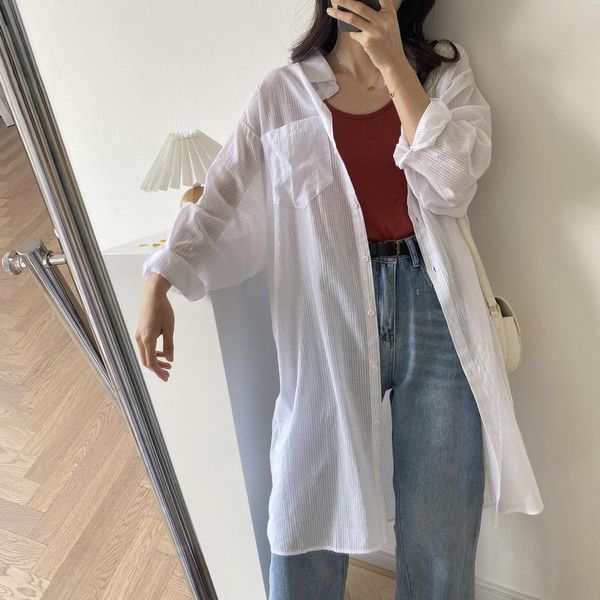 

women's blouses & shirts korean style loose long blouse women vintage casual streetwear striped sleeve pockets patchwork white cardigan