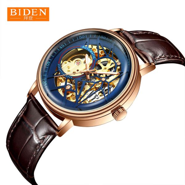 

watch mechanical biden men's fashion leather strap popular, Slivery;brown
