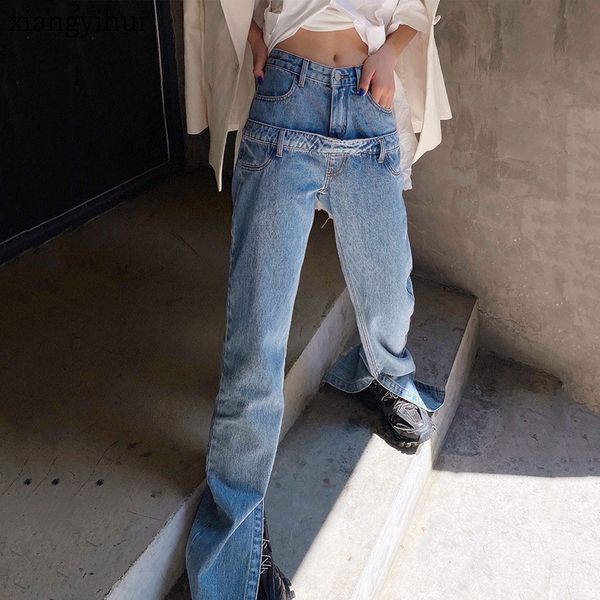 

women's jeans washed breech fashionable streetwear high waist split straight pants long female jeans spring summer a00g, Blue