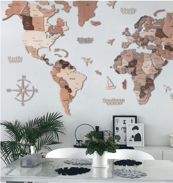 

real wood world map travel decorative objects nordic living room background wall decoration paintings large three-dimensional irregular
