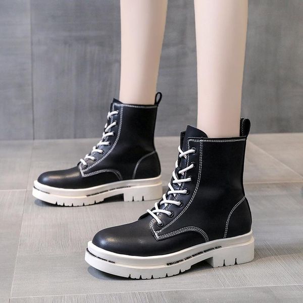 

boots white black pu leather ankle women autumn winter round toe lace up shoes woman fashion motorcycle platform botas mujer