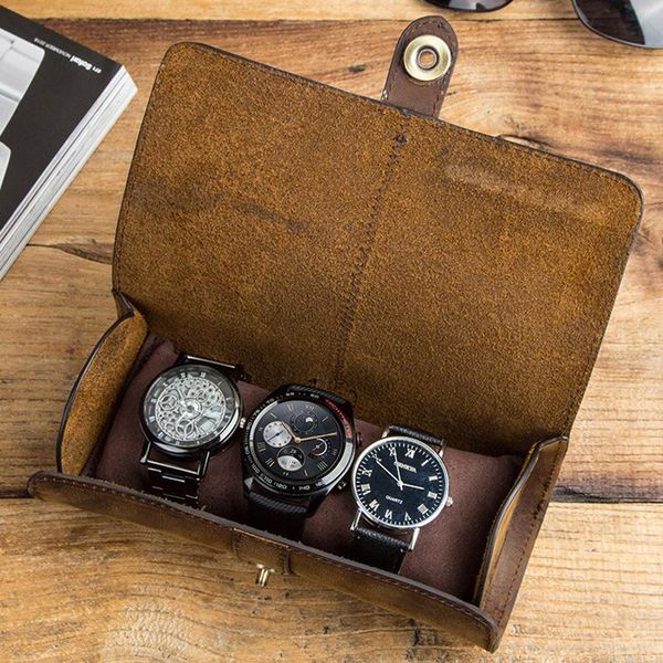 

watch boxes & cases leather barrel retro style organizer storage watches display case tray draw buckle travel jewelry collector, Black;blue