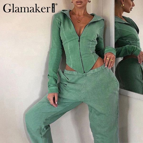 

women's two piece pants glamaker green sweatshirt hoodies fashion women 2 suits high waist sport long playsuit winter autumn casual jum, White