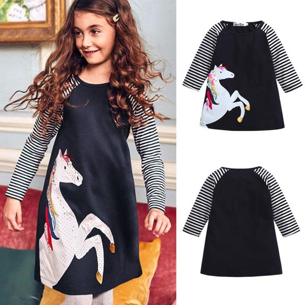 

girl's dresses 2021 baby girls dress fashion toddler kids long sleeve cartoon horse stripe princess party clothing, Red;yellow
