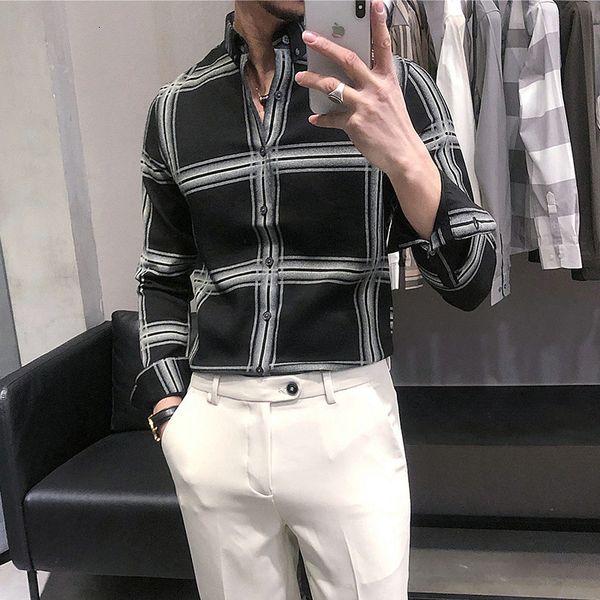 

2021 new palid of casual businessmen shirts dressed fine fitting long masculine clothes chemise social homme streetwear blouse g6nz, White;black