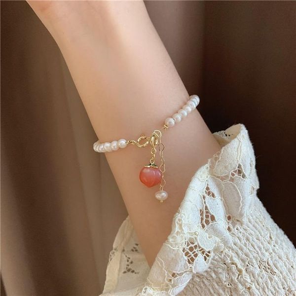 

charm bracelets 2021 korean fashion woman 100% freshwater round pearl peach bracelet bling jewelry girl daughter birthday gift wholesale, Golden;silver